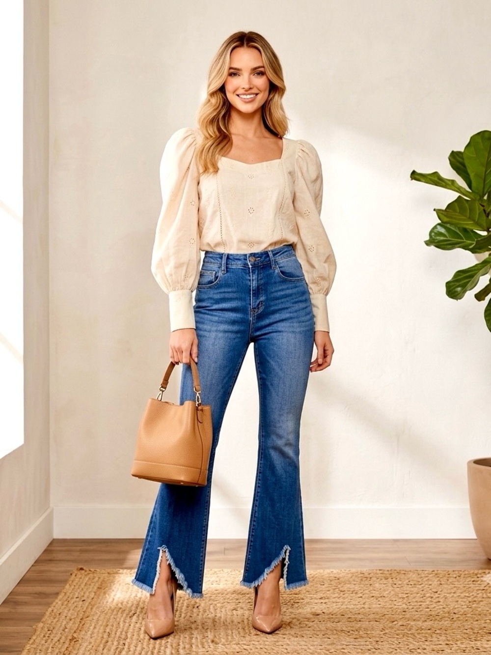 Q2 Premium Denim High Rise Flare Jeans S Small Blue Split Fray Hem Boho Festival
